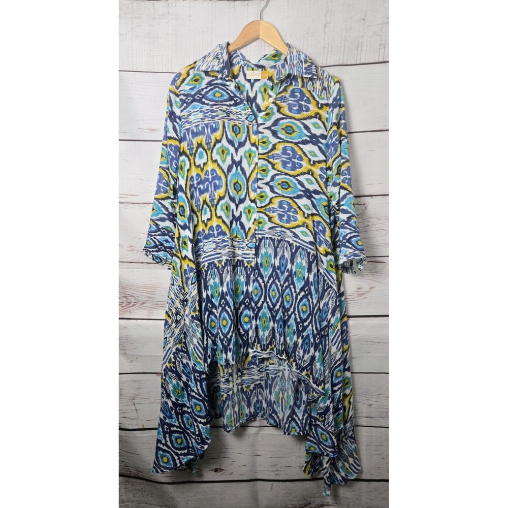 Yady Womens Tunic Shirt Dress Size L/XL Blue Yellow High Low Hem Button Front